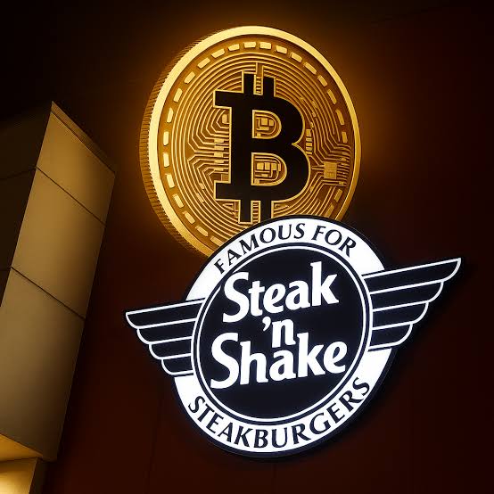 A glowing golden Bitcoin coin mounted above a "Steak 'n Shake" restaurant sign that reads "FAMOUS FOR STEAKBURGERS," suggesting an ironic or humorous reference to the cryptocurrency.