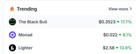 A 'Trending' cryptocurrency price list showing 'The Black Bull' at $0.3523 (+17.7%), 'Monad' at $0.022 (+8.1%), and 'Lighter' at $2.58 (+13.9%).
