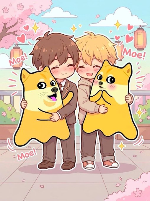 An anime-style illustration shows two boys happily hugging yellow Shiba Inu dog plushies under cherry blossoms, with 'Moe!' text bubbles scattered around.