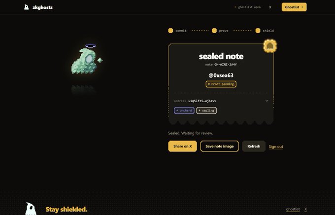 A 'zkghosts' interface shows a pixelated green ghost avatar alongside a 'sealed note' from user '@0xsea63' with the note ID 'GH-2LN2-2AKF'.