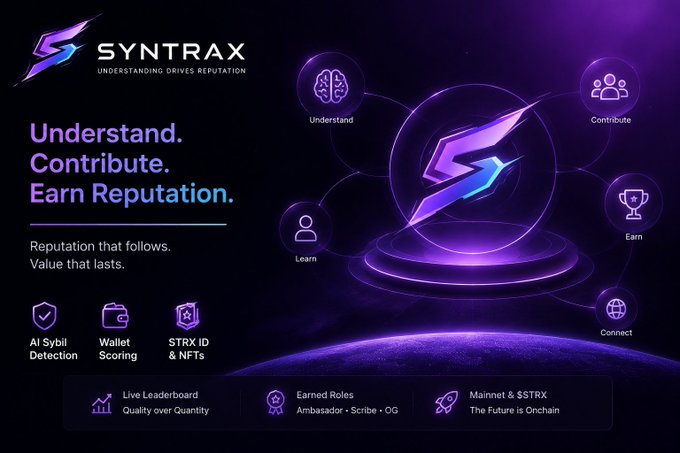 The image features a purple background with various icons, including a globe, a trophy, and a person's head. The text at the top of the image reads "Syntrax Understanding Drive Reputation Earn Reputation", while the bottom part of the image displays a list of rewards for completing tasks on the platform.