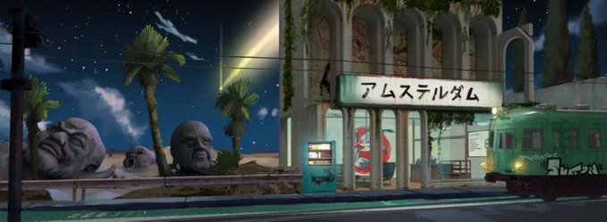 An anime-style illustration of a stadium at night labeled 'アムステルダム' (Amsterdam) in Japanese, featuring large head sculptures, palm trees, and a green train.