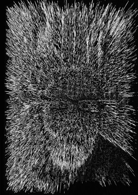 A striking black-and-white digital artwork featuring a burst of bright, radiating lines exploding outward from a dense central mass, resembling an energetic starburst or supernova effect. The piece exemplifies the generative/abstract NFT art style that was popular on KnownOrigin, with its high-contrast monochromatic composition and dynamic sense of motion capturing the experimental digital aesthetic of early crypto art.