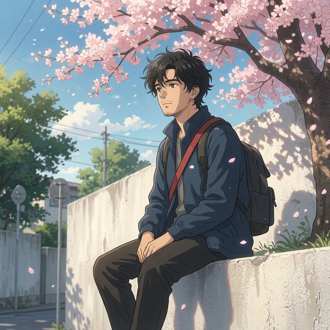 An anime-style illustration of a young man with dark hair sitting on a wall under a blooming cherry blossom tree on a sunny day.