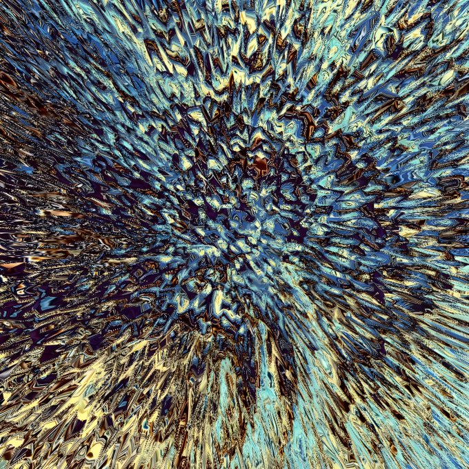 An abstract, psychedelic image with swirling blue, gold, and dark brown textures radiating outward from a central point in a textured pattern.