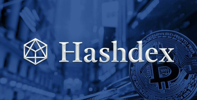 A blue-tinted banner displays the 'Hashdex' logo alongside a Bitcoin physical coin, with 'IN GOD WE TRUST' visible on the coin.