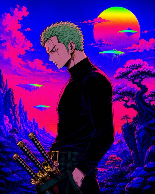 An anime-style illustration of a green-haired swordsman with three katanas, shown in profile against a vibrant pink and blue sunset with floating islands and a bonsai tree.