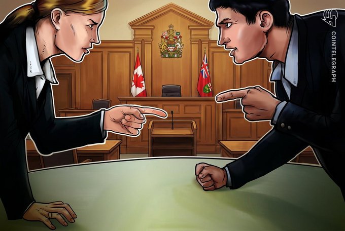 A Cointelegraph illustration showing a blonde woman and a dark-haired man pointing fingers at each other angrily across a table in a courtroom setting, with Canadian and Ontario flags in the background.