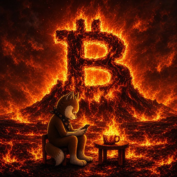 A surreal illustration of a fox character with a spiky crown sitting on a stool and looking at a phone, with a flaming teacup on a nearby table, set against a fiery apocalyptic background featuring a large burning 'B' (Bitcoin symbol).