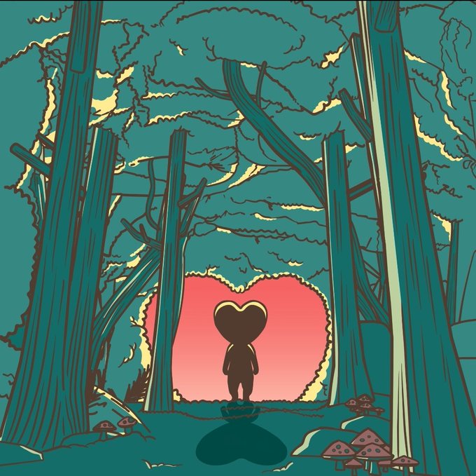 An illustration of a silhouetted figure with a heart-shaped head standing in a teal forest, with a pink heart-shaped clearing behind them.
