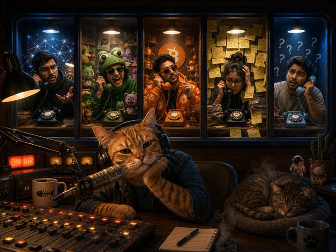 A cat wearing headphones hosts a crypto radio show with an "ON AIR" sign, fielding calls from colorful guests—including one in a Pepe hat, another beneath a Bitcoin logo, and one surrounded by sticky notes and question marks—while a second cat sleeps peacefully in a basket behind the mixing board. The scene humorously captures the chaos and confusion of the crypto world, with 30 chaotic seconds to deliver a message.