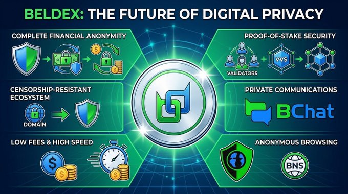 A promotional graphic titled 'BELDEX: THE FUTURE OF DIGITAL PRIVACY' showcases six pillars including Complete Financial Anonymity, Proof-of-Stake Security, Censorship-Resistant Ecosystem, Private Communications (BChat), Low Fees & High Speed, and Anonymous Browsing around a central BDX coin logo.