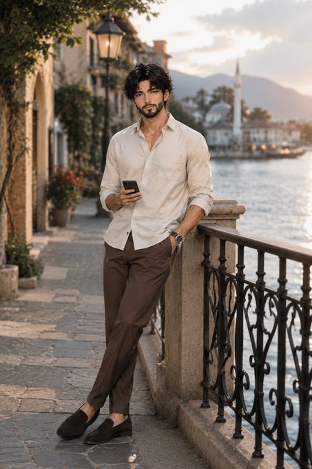 A man with dark hair and a beard stands on a cobblestone waterfront path, wearing a cream button-down shirt and brown trousers while holding a smartphone.