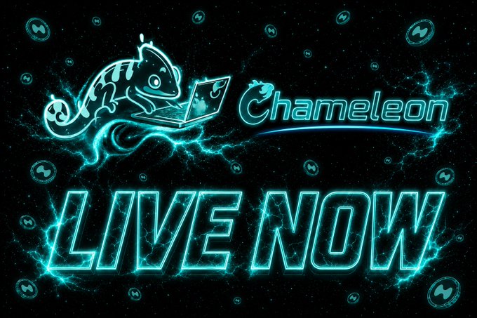 The image features a neon sign with "Live now" written in blue neon text that is displayed behind a small lizard figurine sitting on top of a computer monitor. This sign serves as a banner for an event or online show, likely related to gaming or technology, given its connection to the computer monitor and the presence of the chameleon.