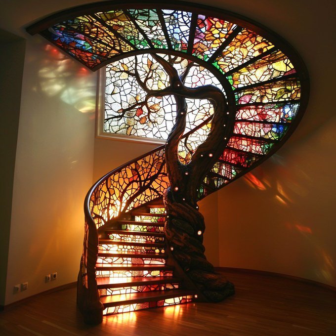 A stunning spiral staircase designed to resemble a tree, with a central trunk featuring branches that extend into a large stained glass window at the top, casting colorful light into the room.