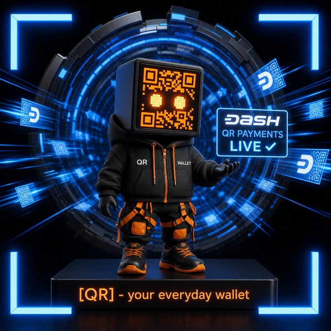 A stylized 3D mascot with a QR code for a face, wearing a "QR Wallet" hoodie, stands beside a glowing "DASH QR Payments LIVE" sign amid blue digital QR-code patterns, promoting the QR wallet's Dash payment integration with the promo code "DASHPAY" for a daily free transaction.