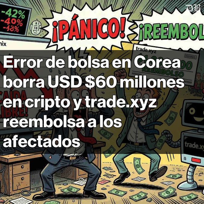 A cartoon comic-style illustration depicting stock market panic with distressed businessmen, overlaid with Spanish text reading '¡PÁNICO!' and '¡REEMBOLSO!' and a caption about a Korean stock exchange error erasing USD $60 million in crypto, with trade.xyz refunding affected users.