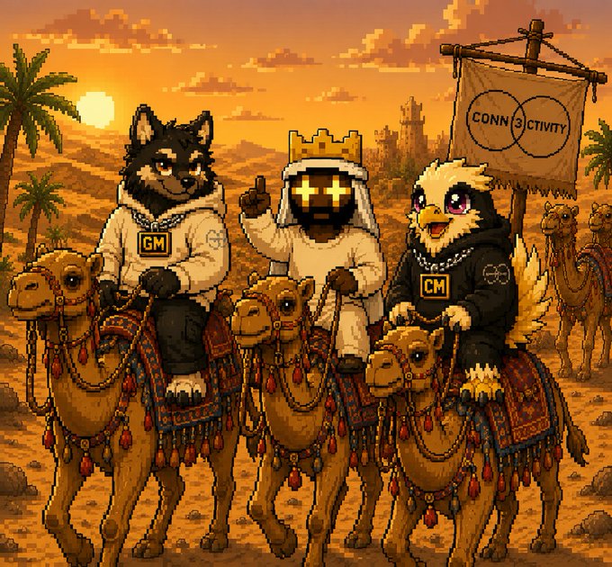 A pixel art scene depicting anthropomorphic animal characters riding camels through a desert at sunset, with two wearing 'CM' shirts and a banner reading 'CONN3CTIVITY' on the right.