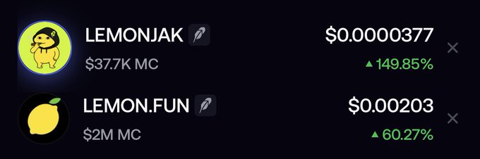 The image shows two meme coin listings: LEMONJAK with a market cap of $37.7K priced at $0.0000377 (up 149.85%), and LEMON.FUN with a $2M market cap priced at $0.00203 (up 60.27%). It illustrates the post's reference to both tokens, highlighting the massive price difference and market cap gap between the user's $LEMONJAK position and the larger $LEMON.FUN ecosystem it appears to be tied to.