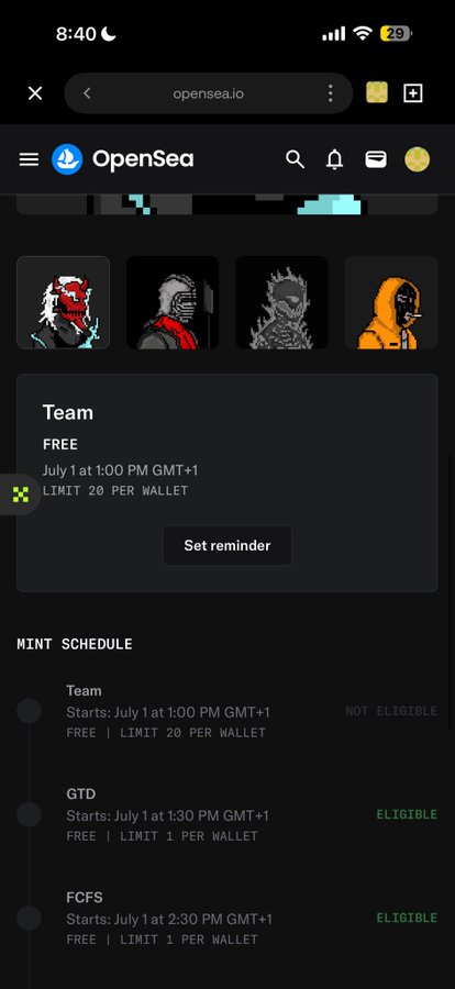 A mobile browser screenshot of the OpenSea NFT marketplace page, showing a mint schedule for a collection with phases labeled "Team," "GTD," and "FCFS," all marked as FREE.