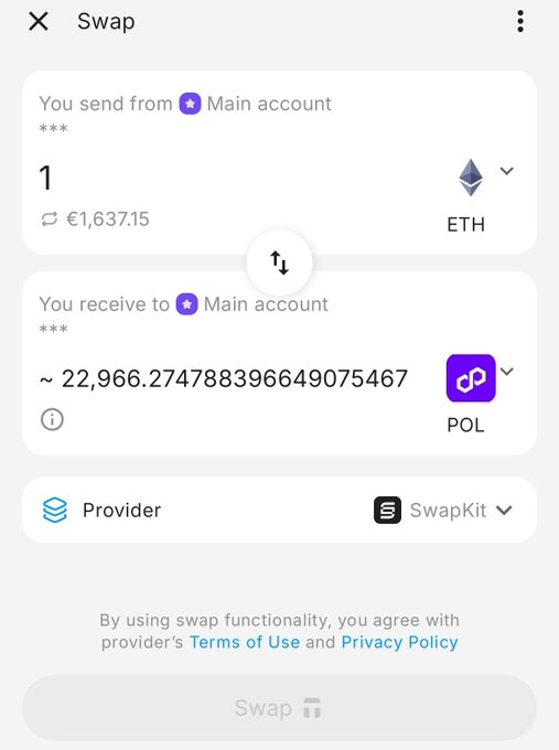 A cryptocurrency swap interface showing the exchange of 1 ETH (€1,637.15) for approximately 22,966.27 POL via the SwapKit provider.