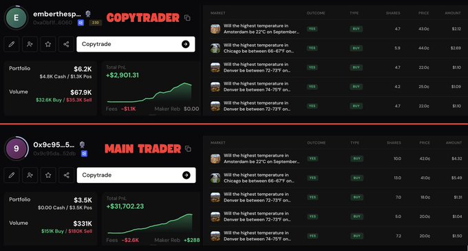 A trading dashboard showing copytrader stats for 'emberthesp...' with $6.2K portfolio and main trader '0x9c95...6...' with $3.5K portfolio, both with prediction market positions on temperature outcomes in Amsterdam and Denver.