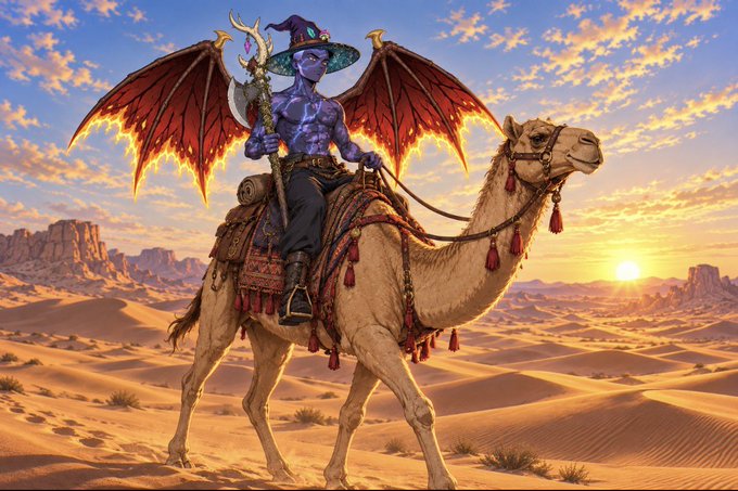 A fantasy illustration of a purple-skinned sorcerer with bat-like wings wearing a witch's hat, riding a decorated camel through a desert at sunset while holding an axe.