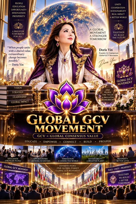 A promotional poster for the 'Global GCV Movement' (Global Consensus Value) featuring Doris Yin as Founder & Chairperson, with purple and gold ornate design, lotus imagery, world map graphics, and themes including education, innovation, sustainability, and prosperity.