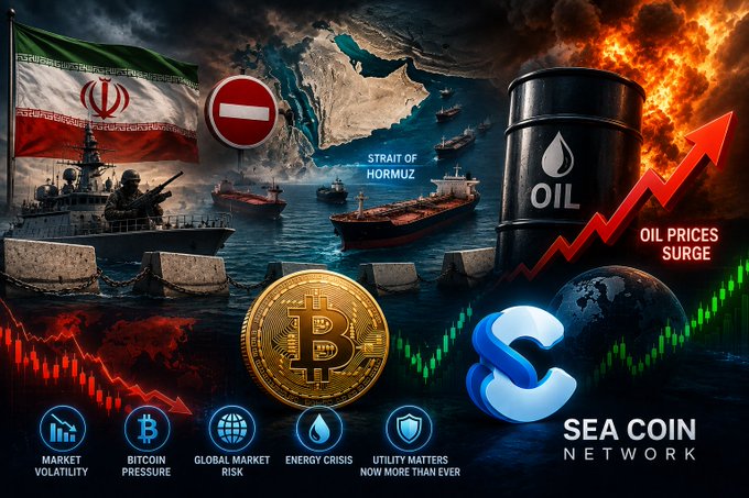 A dramatic graphic showing the Strait of Hormuz with Iranian and Russian flags, naval ships, an oil barrel with rising prices, and Bitcoin alongside Sea Coin Network branding.