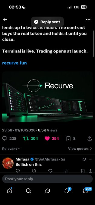 A screenshot of a Twitter/X post with a 'Reply sent' notification, discussing 'recurve.fun' with text about lending and a contract that 'buys the real token and holds it until you close,' accompanied by an image of multiple monitors displaying 'Recurve'.