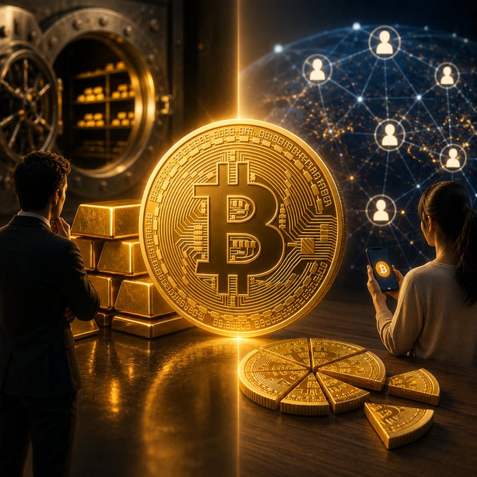 A Bitcoin coin and small fractional gold pieces are shown split between a vault of gold bars (with a man in a suit) and a digital network (with a woman on a phone), illustrating that just as gold can be owned in small fractions, Bitcoin can also be purchased in units far smaller than a whole coin—directly challenging the misconception that its high price is a barrier to entry.