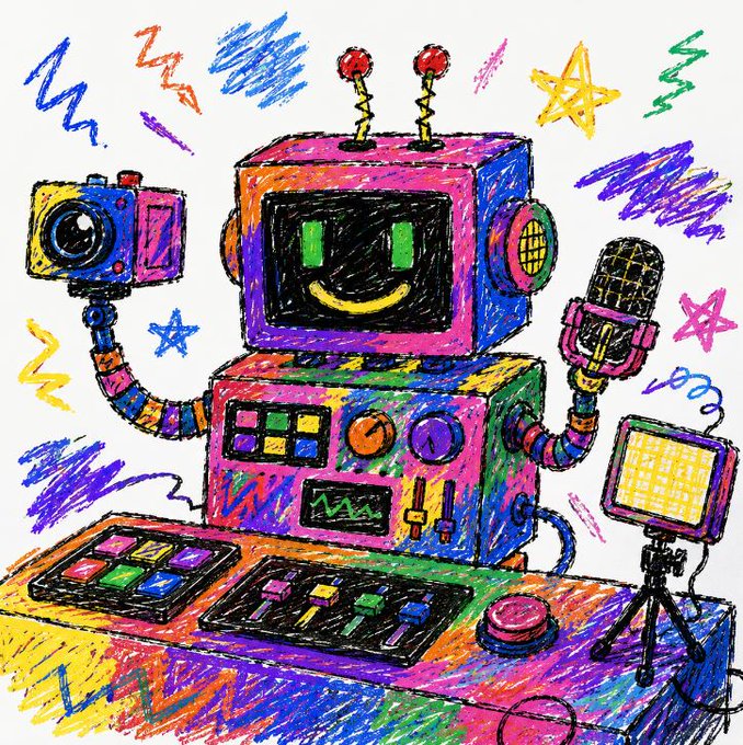 The image features a cartoon robot with arms, legs, and antennae holding a camera and microphone. The robot appears to be smiling and has a clock on its side. The background of the image is filled with colorful drawings and lines, creating an artistic and playful atmosphere. The caption at the bottom of the image reads: "Time to jump back in and stream again on @Pumpfun".