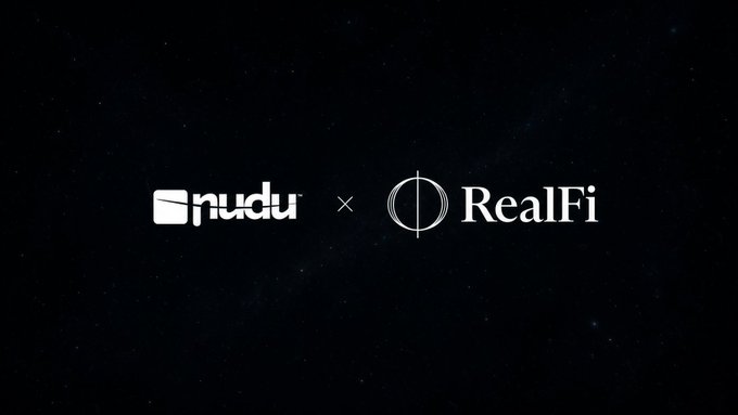 A black screen displays the white logos 'nudu x RealFi' for a brand collaboration.