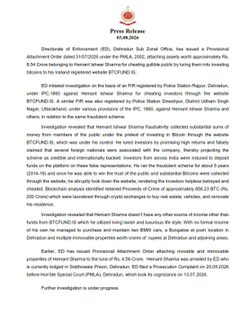 The image displays an official "Press Release" from the Directorate of Enforcement (ED), Dehradun Sub Zonal Office, dated 31/7/2026, announcing the provisional attachment of assets worth approximately Rs. 8.54 Crore under PMLA, 2002, belonging to Hemant Ishwar Sharma, who allegedly cheated investors through his Iceland-registered website by luring them into bitcoin investments.