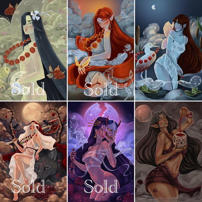 This image displays a 2x3 grid of fantasy illustrations from the 'Moonbound Souls: Crimson Thread' collection, featuring six distinct heroines with nature and surreal elements, five of which are marked with the text 'Sold'.
