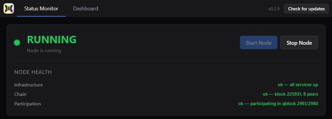 A dark-themed 'Status Monitor' dashboard shows a 'RUNNING' node with green indicators confirming all services are up and participation in block 225931.