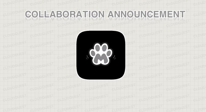 A promotional graphic titled "COLLABORATION ANNOUNCEMENT" featuring the MellowPals app icon—a stylized paw print with an "M" on a black rounded-square background—set against a white grid background with "Cloud Quest" watermarks. The image visually reinforces the post's announcement of Cloud Quest's collaboration with the MellowPals NFT collection.