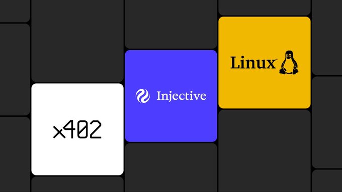 A digital graphic displays three tiles on a dark background: a white tile labeled 'x402', a purple tile with the 'Injective' logo, and a yellow tile featuring the 'Linux' name and penguin logo.