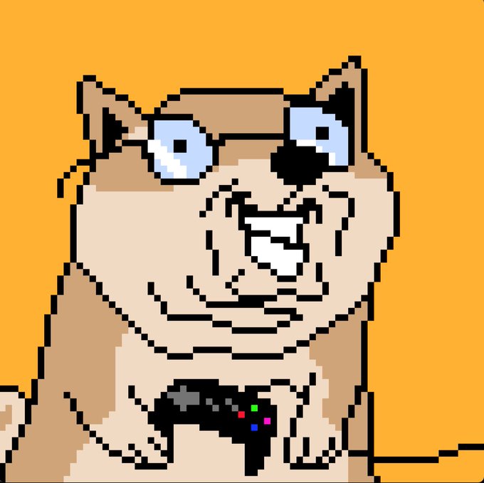 A pixel art illustration of a wide-eyed, open-mouthed cat with sunglasses pushed up on its head, holding a video game controller against a solid orange background.