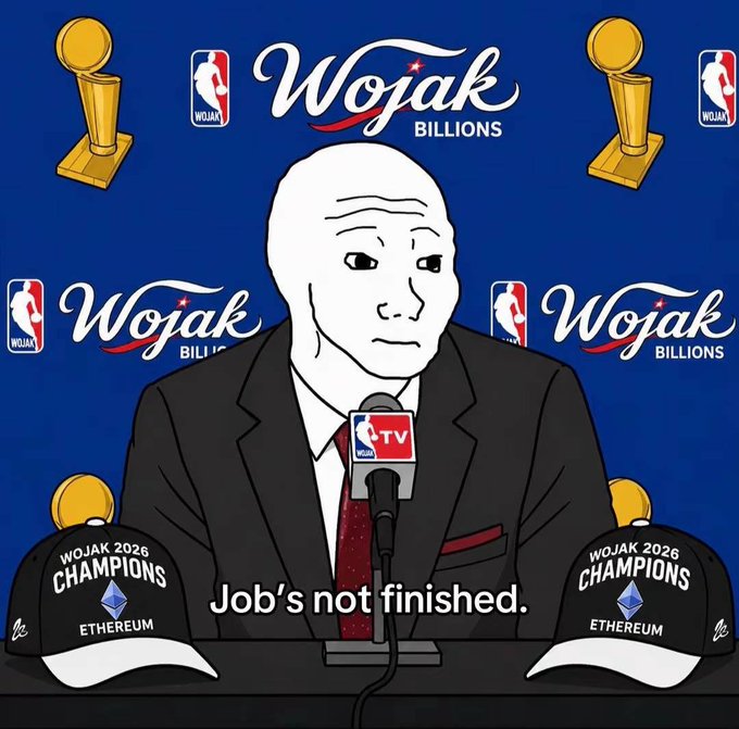 A Wojak character in a suit sits at a post-game interview podium with "Wojak Billions" and championship trophies in the background, alongside "Wojak 2026 Champions" hats featuring the Ethereum logo and the caption "Job's not finished." The meme humorously frames the $WOJAK token's journey toward a $10B+ market cap as a championship-level pursuit, reinforcing the poster's message that the "mission" to reach billions isn't over yet.