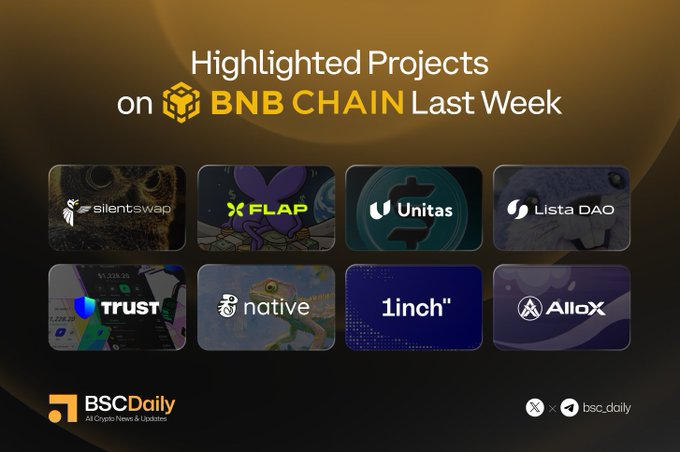 A promotional graphic titled "Highlighted Projects on BNB CHAIN Last Week" displays eight featured project logos—SilentSwap, Flap, Unitas, Lista DAO, Trust, Native, 1inch, and Allox—against a dark gradient background. The BSCDaily logo appears in the bottom left, with social handles for @bsc_daily on the right, visually reinforcing the post's recap of notable BNB Chain ecosystem projects.