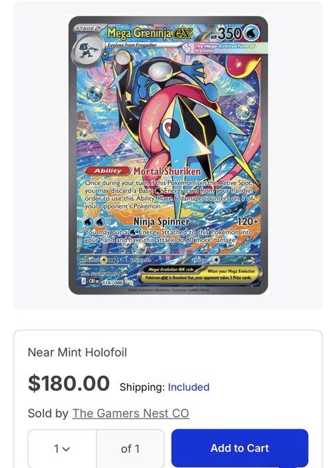 The image shows a Near Mint Holofoil Mega Greninja ex Pokémon card (card #216/165) listed for $180.00 by The Gamers Nest CO, supporting the post's commentary about modern Pokémon card prices reaching levels previously only seen for the most coveted "chase" cards just a couple years prior.