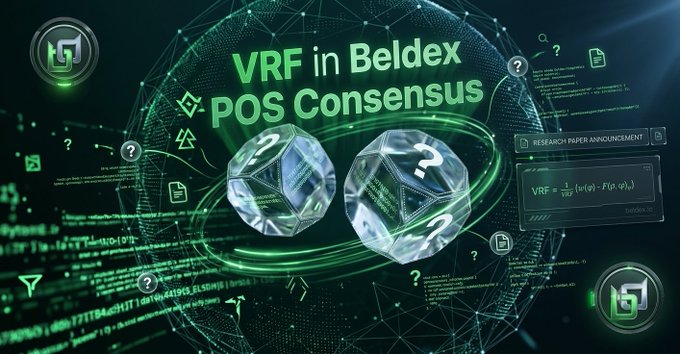 A promotional graphic titled 'VRF in Beldex POS Consensus' featuring glowing green text, two crystalline polyhedrons, and technical formulas related to verifiable random functions.