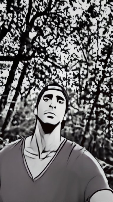 A stylized illustration of a man in a V-neck shirt wearing a backward cap, set against a black and white forest background.