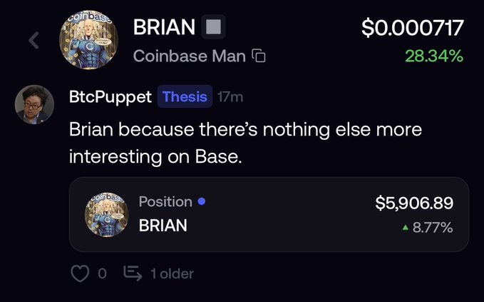 A screenshot shows the $BRIAN token ("Coinbase Man") trading at $0.000717 with a 28.34% gain, accompanied by a BtcPuppet comment saying "Brian because there's nothing else more interesting on Base." This relates to the post's thesis that $BRIAN could be Base's opportunity to reassert itself in the meme coin space.