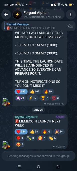 A Telegram screenshot from the Fergani Alpha group showing a pinned message about Memecoin launches, with reaction counts including 665 hearts, and a post announcing 'MEMECOIN LAUNCH NEXT WEEK'.