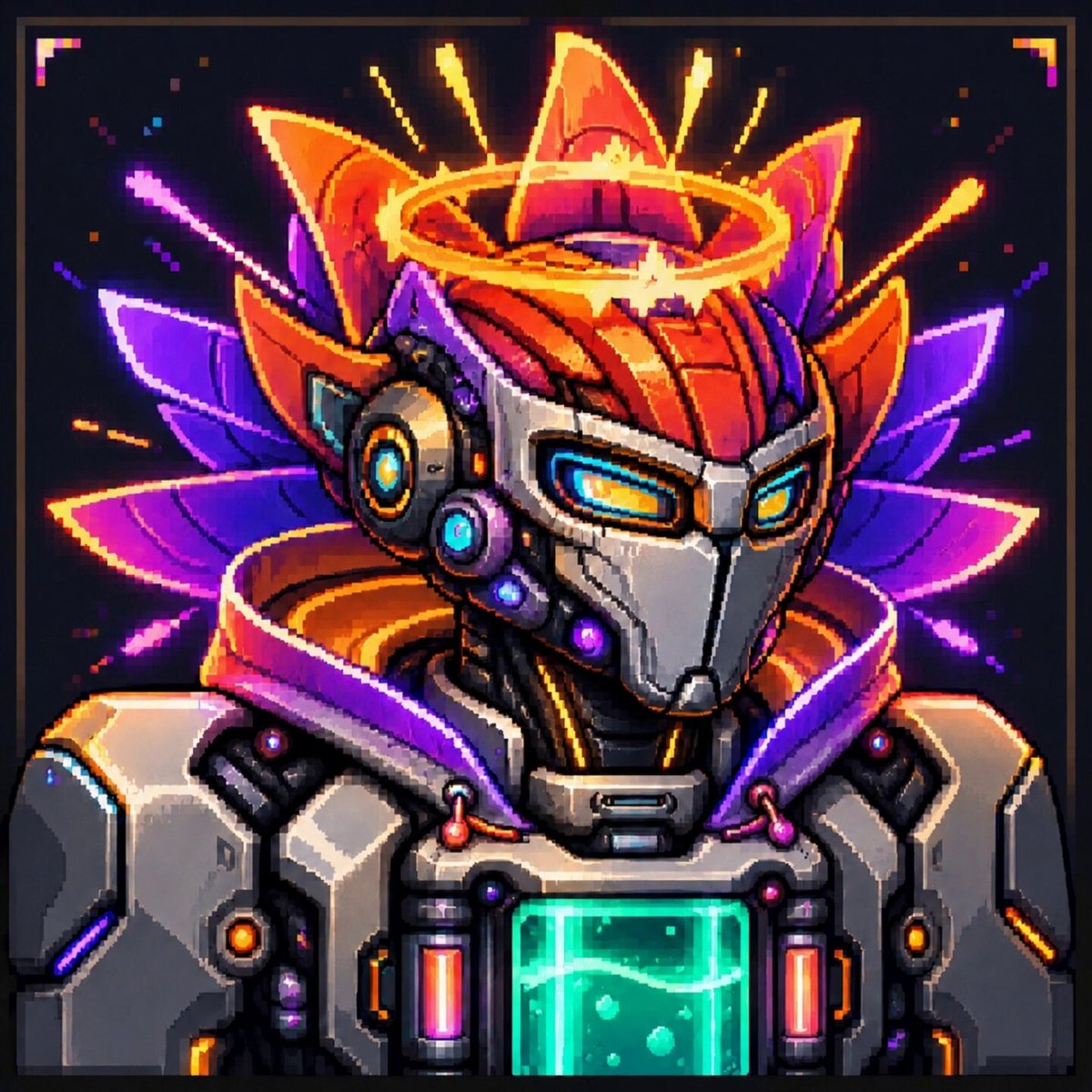 The image is a digital art piece featuring an animated character resembling a robot, with striking colors including a mix of orange, blue, green, purple, and white. The robot's head is adorned with a halo that adds a sense of regality or divine aura to its appearance. The text within the post congratulates the artist on their work and encourages followers to join the Hyperliquid AI Agents Blockchain by clicking on the provided link.