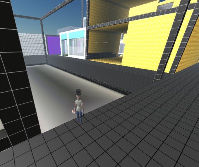 A 3D video game screenshot showing a character in a top hat standing in a blocky, abstract environment with yellow, purple, and black grid-patterned walls.