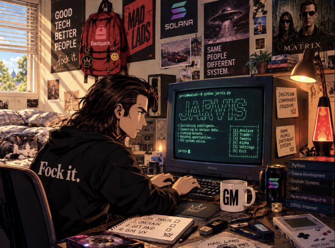 A young man with long dark hair wearing a "Fock it" hoodie works at a cluttered desk facing a retro CRT monitor displaying "Initializing Intelligence" code, surrounded by crypto and tech posters ("GOOD TECH BETTER PEOPLE," "SOLANA," "MAD LADS," "MATRIX," "SAME PEOPLE DIFFERENT SYSTEM") and books on Python and Solana Development. The scene captures the post's theme of a dedicated crypto developer crushing it over the weekend, embodying the self-deprecating "Mad Jarvis" persona behind the rebellious, hustle-driven workspace.