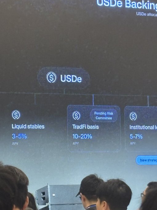 A presentation slide showing USDe Backing structure with three categories: Liquid stables (3-5% APY), TradFi basis (10-20% APY, marked "Pending Risk Committee"), and Institutional (5-7% APY).